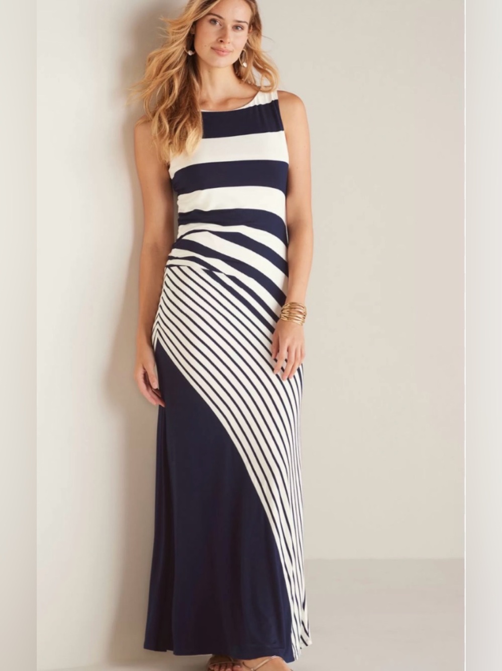 Soft Surroundings Navy White Striped Ruched Maxi Dress Size Large